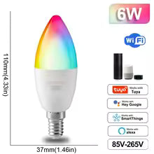 Smart light bulb with color-changing design, dimensions, and connectivity features on a white background.