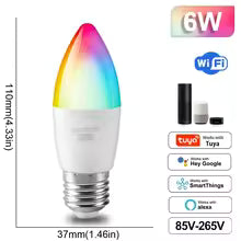 Smart LED bulb with color-changing design, dimensions, and connectivity features on a white background.