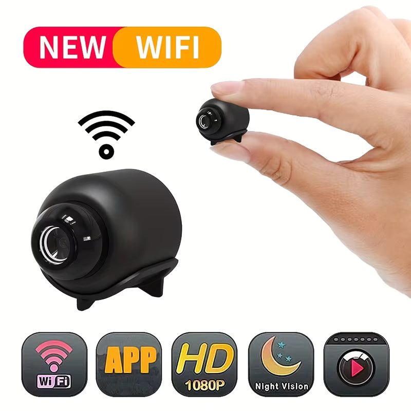 Small black camera with hand holding it, labeled 'NEW WIFI', surrounded by icons indicating features like WiFi, app, HD 1080P, night vision, and recording.