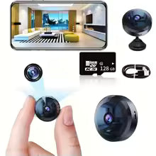 Collection of small camera devices with a hand holding one, displayed against a neutral background.