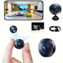 Small camera, memory card, and cable displayed with a smartphone screen showing a living room.