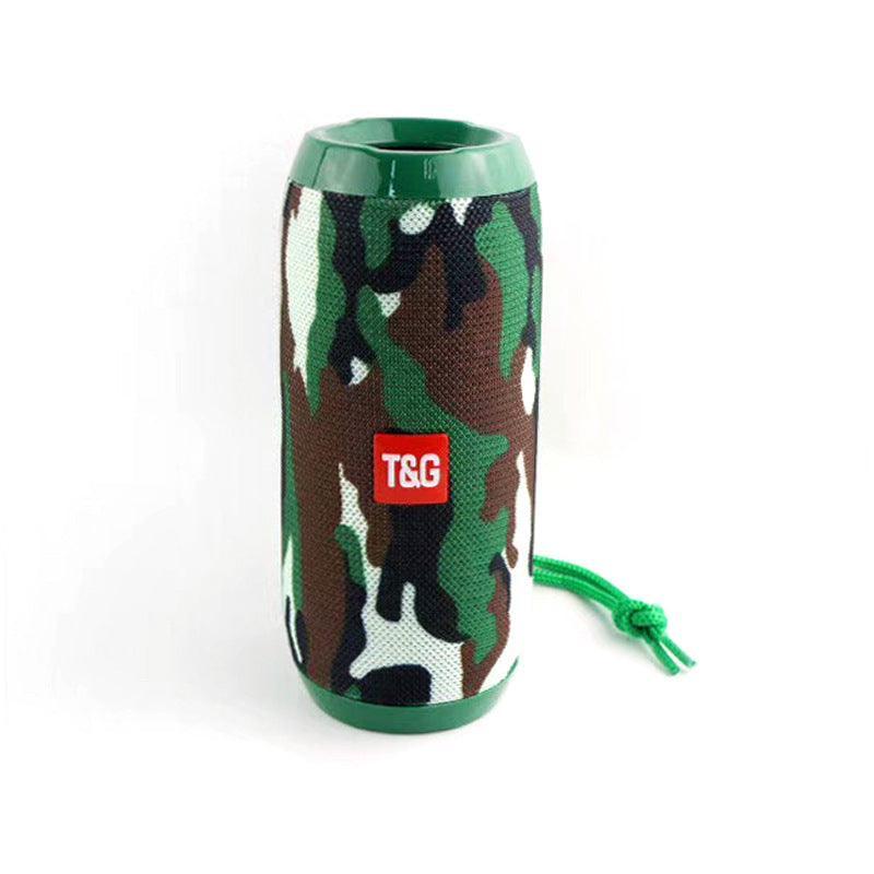 Camouflage-patterned portable speaker with a red logo on a white background