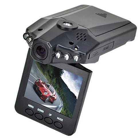 Car dashboard camera with screen displaying a car on a road