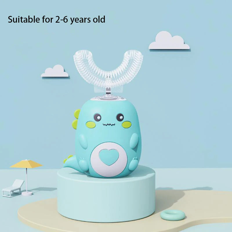 Children's cartoon-themed toothbrush on a blue background with clouds