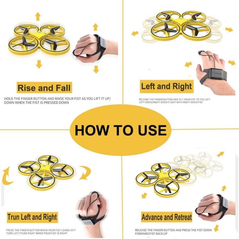Instructions on how to use a drone with hand gestures on a white background