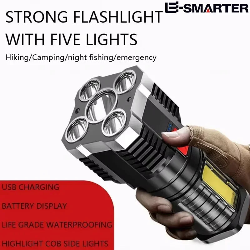 Strong flashlight with five lights held by a hand, featuring USB charging and battery display on a white background.