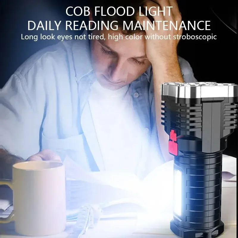 Person reading with a COB flood light on a desk, text about light quality and eye strain.