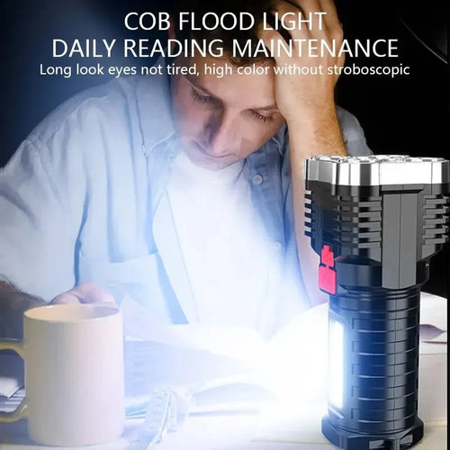 Person reading with a COB flood light on a desk, text about light quality and eye strain.