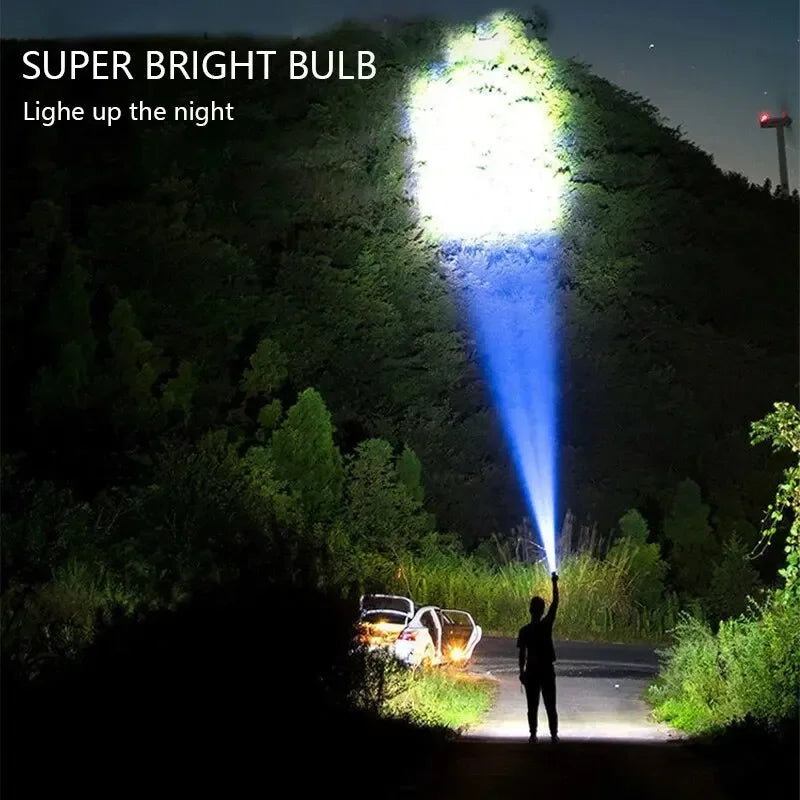 Person using a flashlight to illuminate a dark forest path with text 'Super Bright Bulb' and 'Light up the night'.