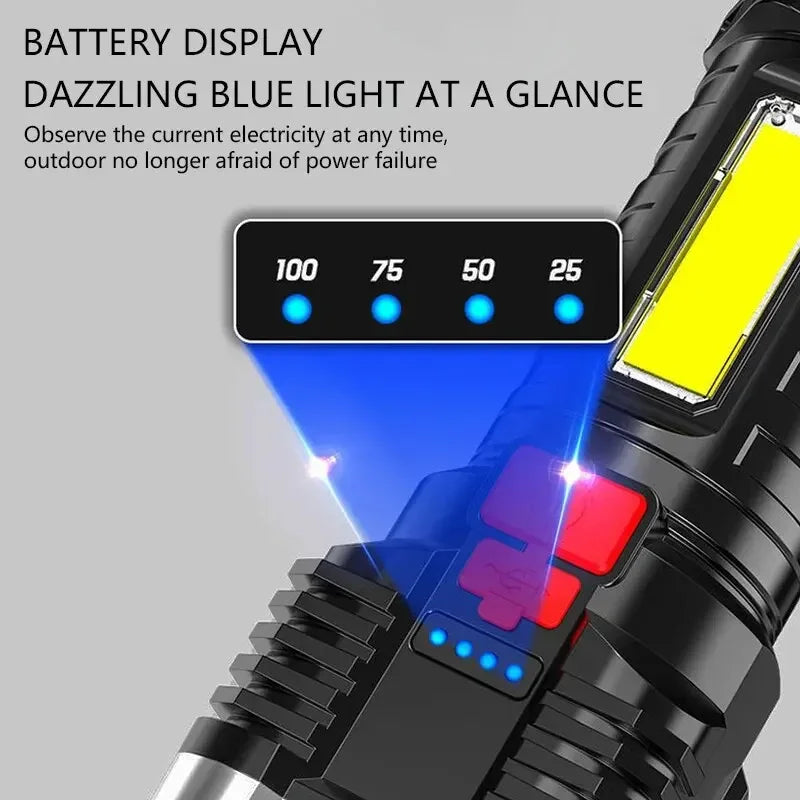 Black flashlight with battery display showing blue light and current electricity levels.