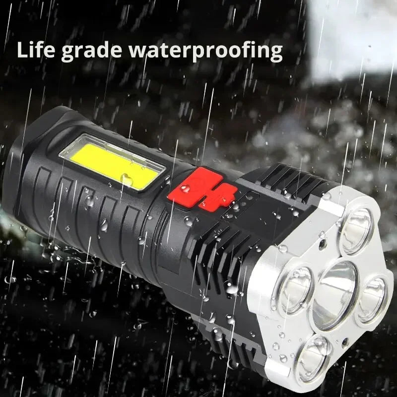 LED work light with 'Life grade waterproofing' text in a rainstorm