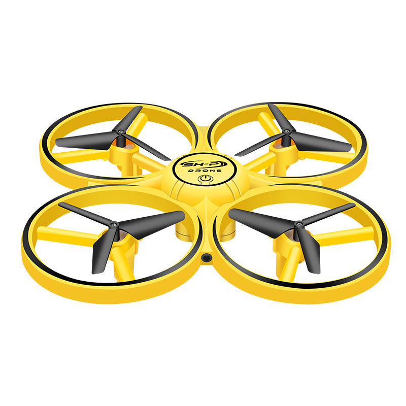 Yellow drone with four propellers against a clear blue sky
