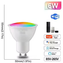 Smart light bulb with color display, dimensions, and connectivity features on a white background