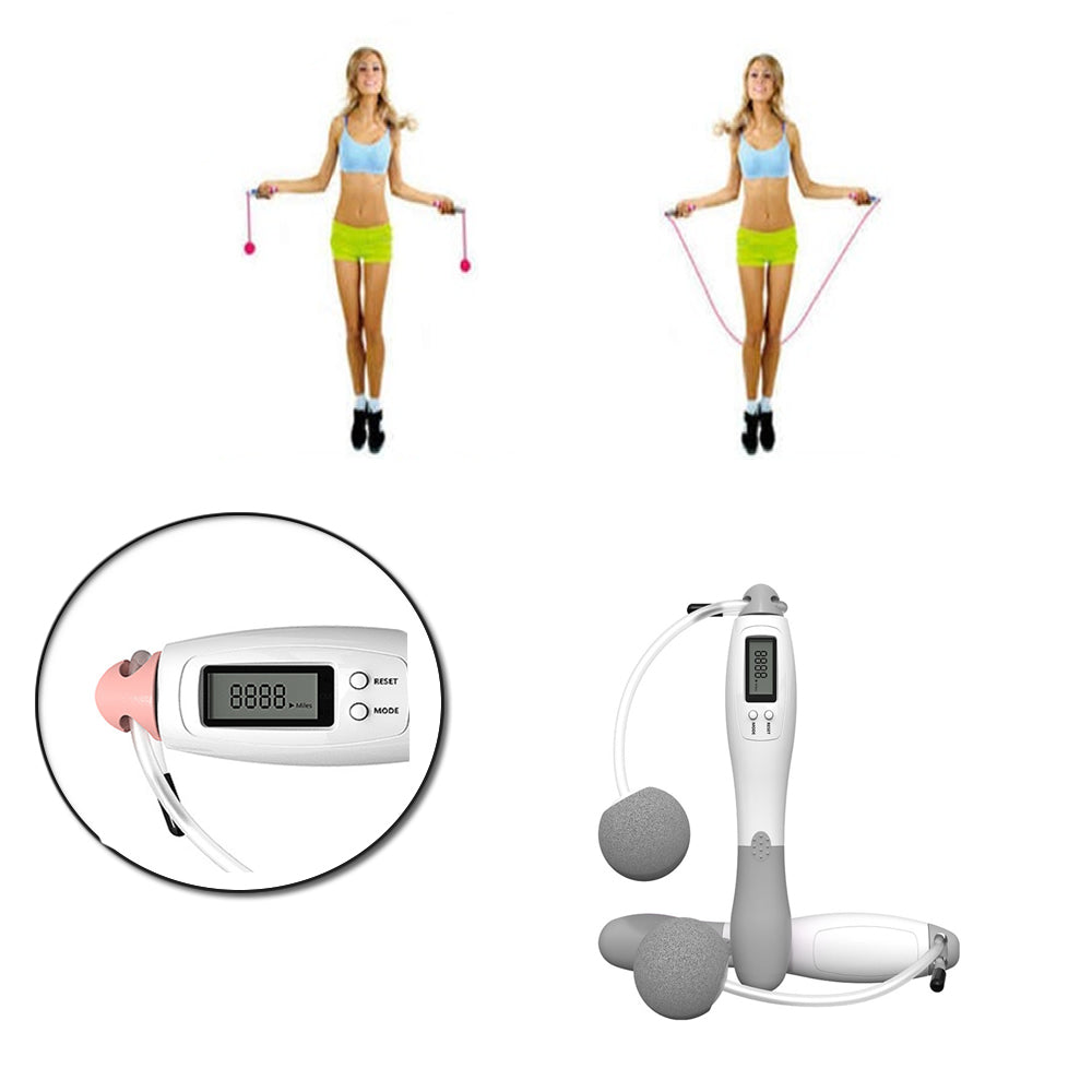 Two women using jump ropes with a digital pedometer and resistance band on a white background.