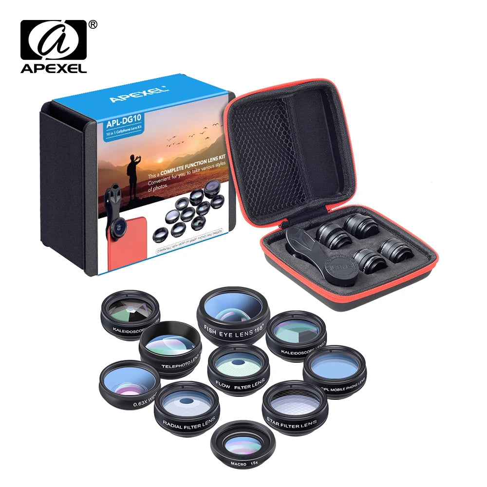 Camera lens kit with Apexel branding on a white background