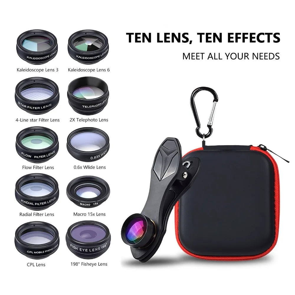Phone lens kit with various lenses and carrying case on a white background