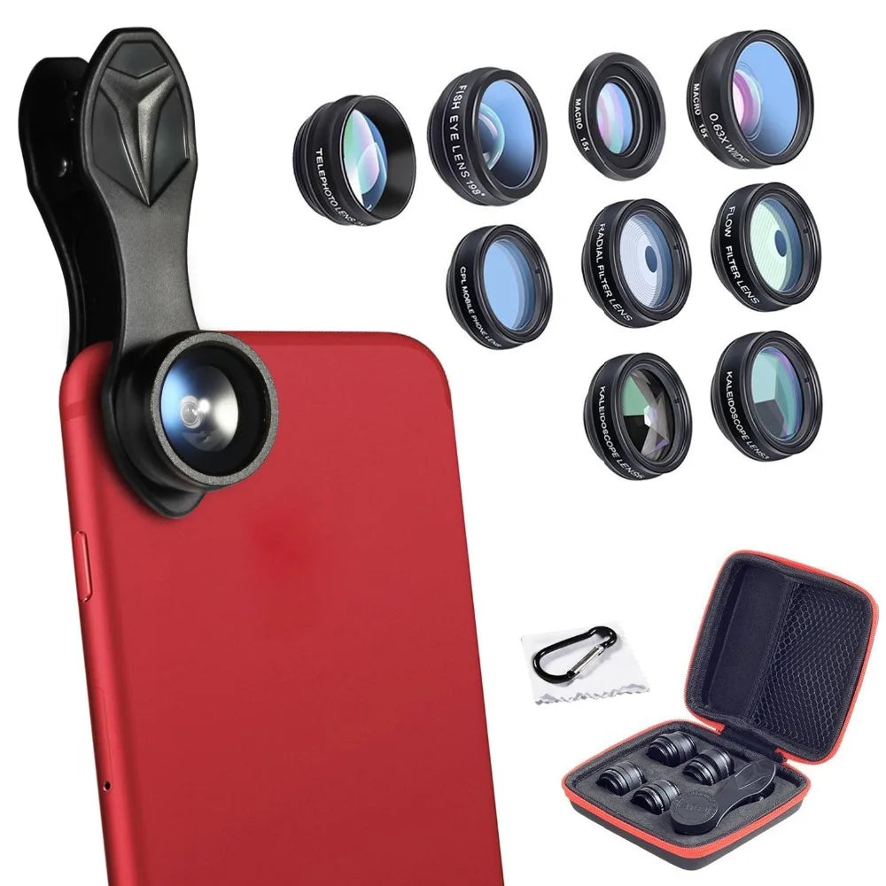 Phone with multiple camera lenses and a carrying case on a white background