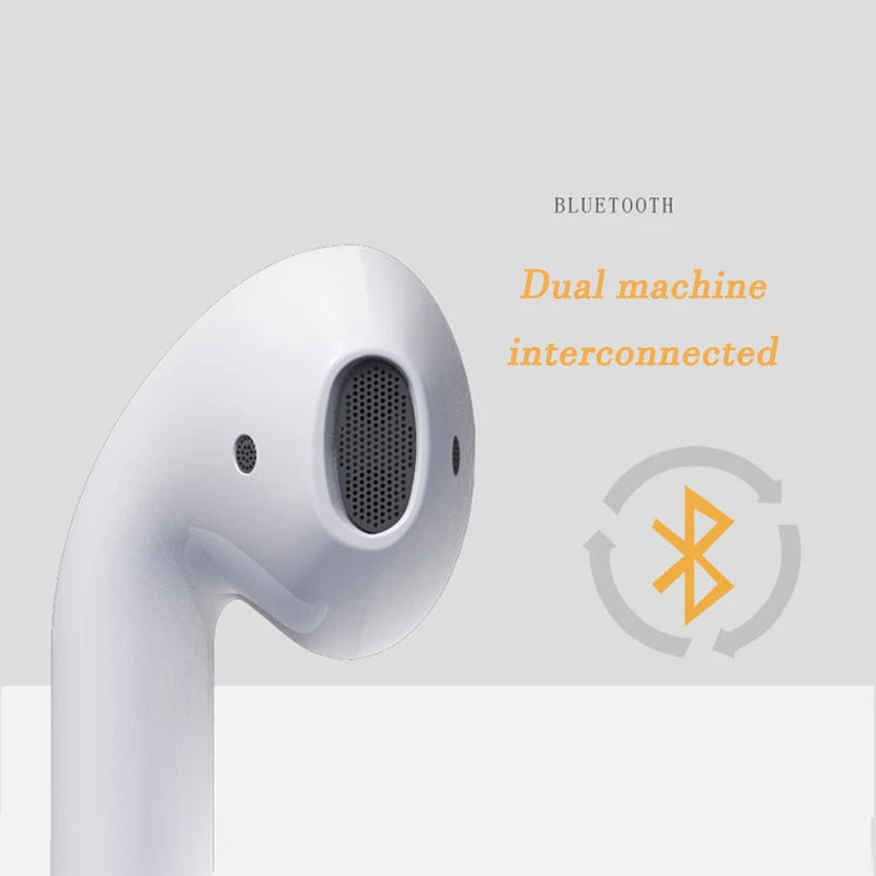 White Bluetooth earbuds with a gray background and Bluetooth logo.