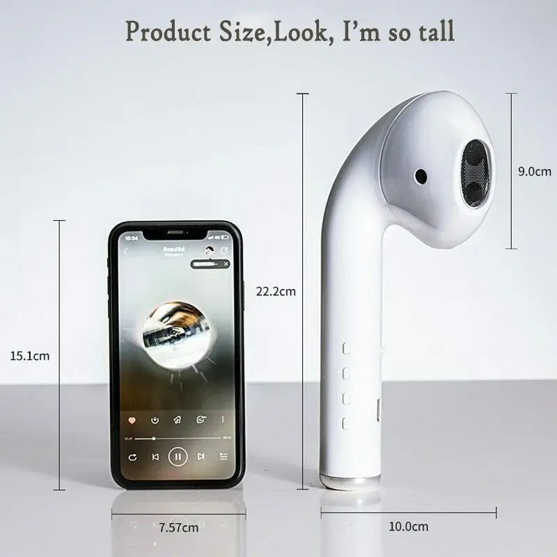 White earbud with smartphone displaying app interface, showing product size with measurements.