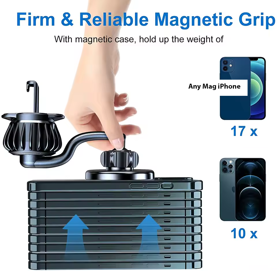 Magnetic grip with smartphone holding capacity displayed, featuring a hand interacting with it.