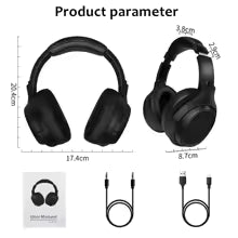 Black headphones with measurement details and cable illustrations on a white background