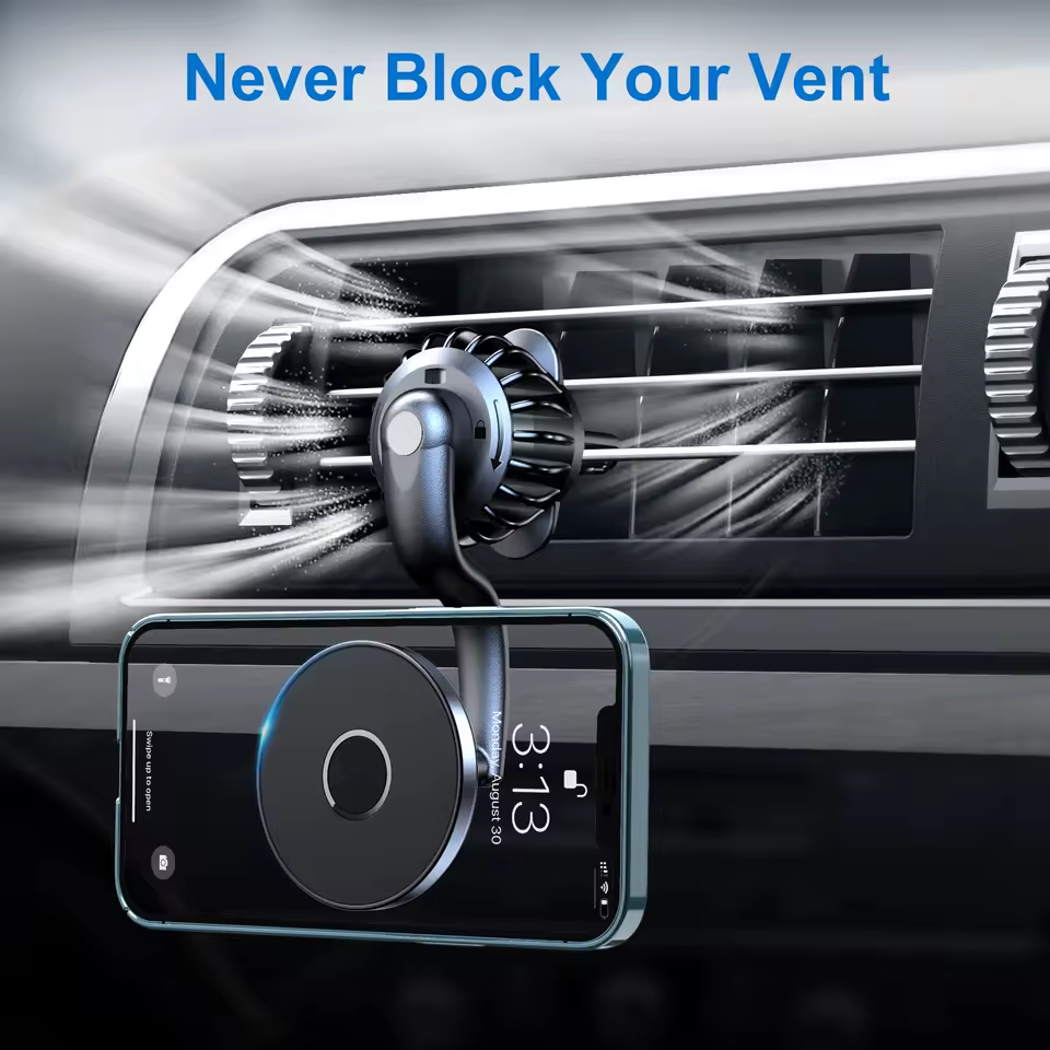 Car air freshener with phone holder attached, showing airflow through a car vent.