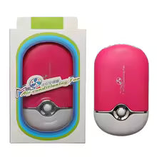 Pink handheld air conditioning fan with packaging on a white background