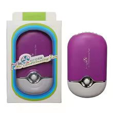Purple handheld fan with packaging on a white background