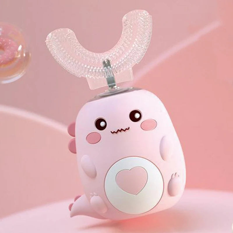 Cute cartoon-style dental device on a pink background