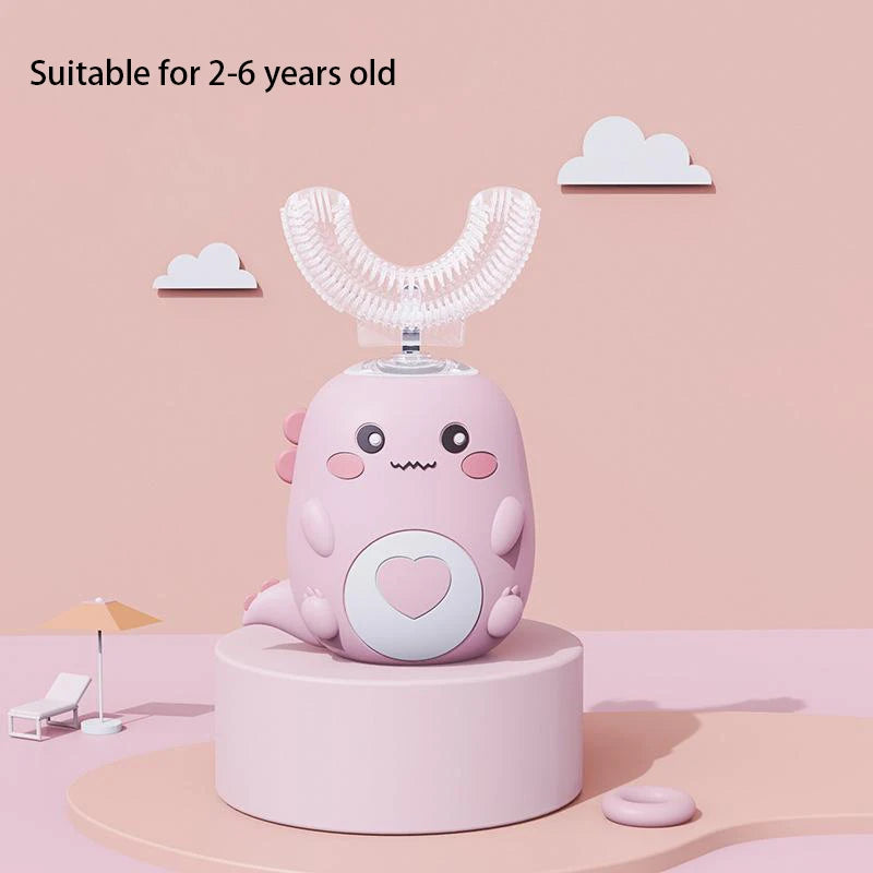 Pink cartoon-like dental device on a pink platform with a minimal background