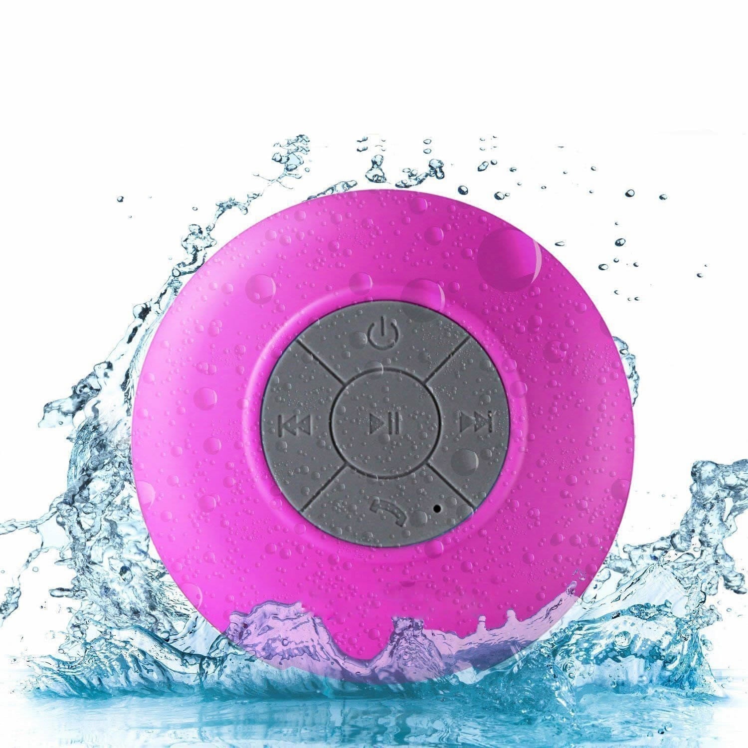 Pink Bluetooth speaker with water droplets around it on a white background