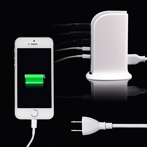 Phone charging station with multiple devices charging on a black background
