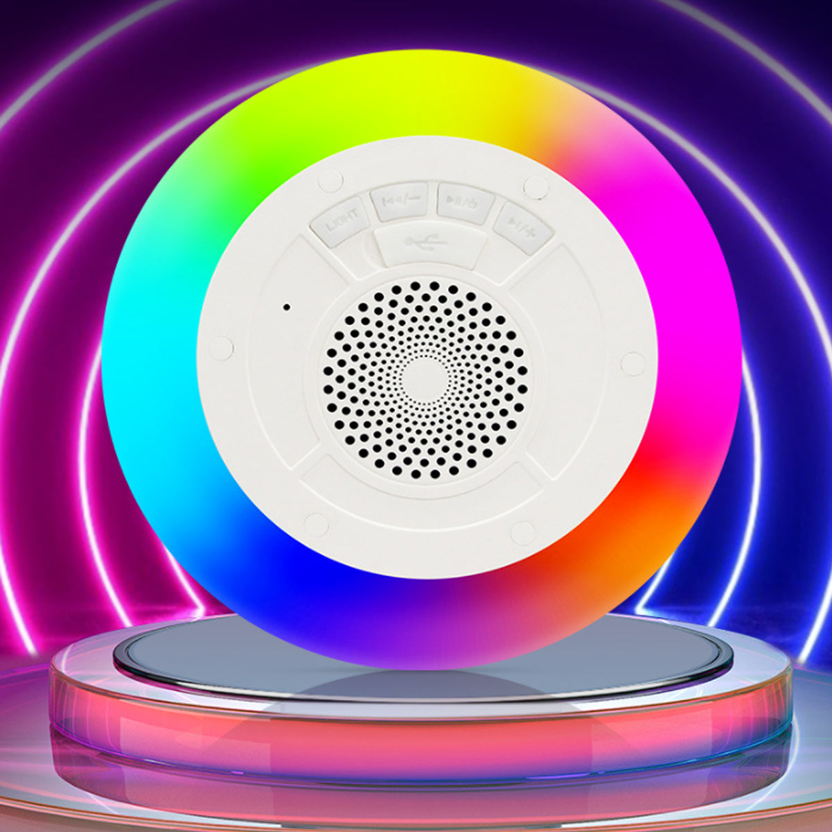 White circular device with a colorful light ring on a dark background