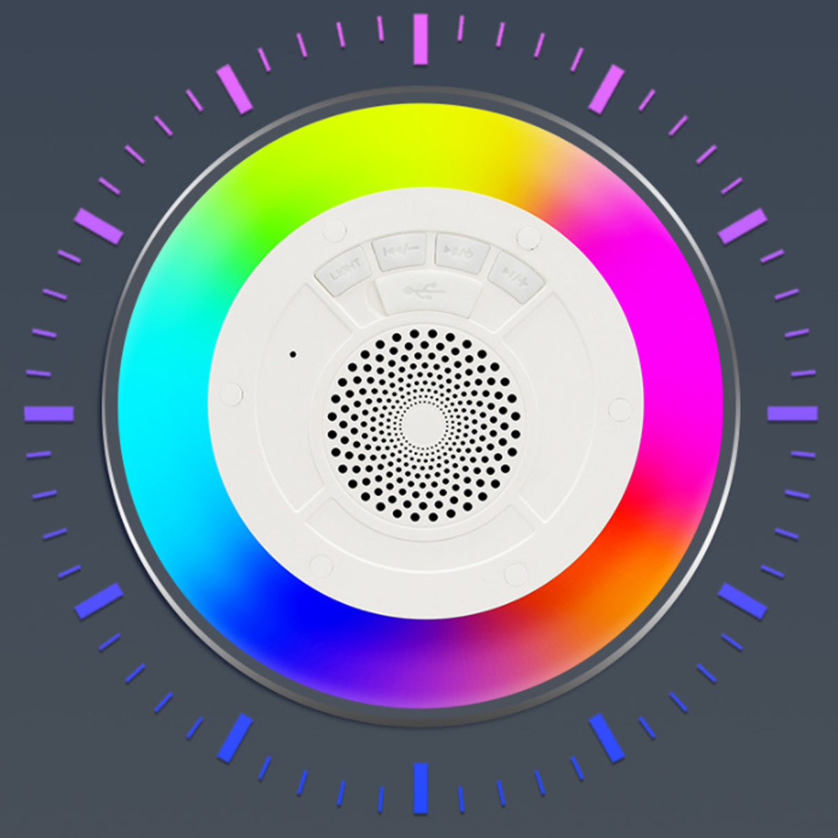 White electronic device with a colorful circular gradient on a dark background
