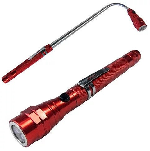 Red flashlight with extendable handle on a white background