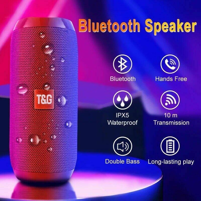 Bluetooth speaker with features listed on a colorful background