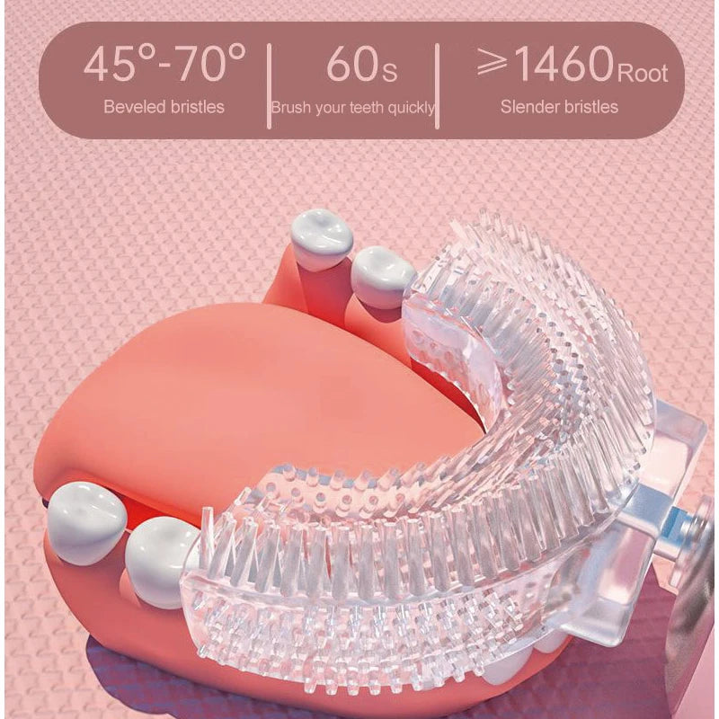 Dental device with clear plastic component on a pink background