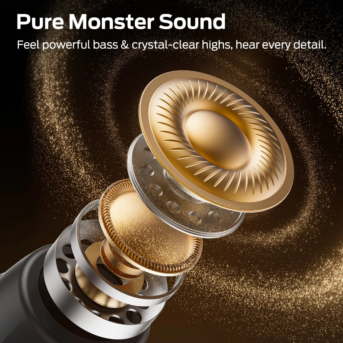 Gold and silver speaker cones with 'Pure Monster Sound' text on a dark background