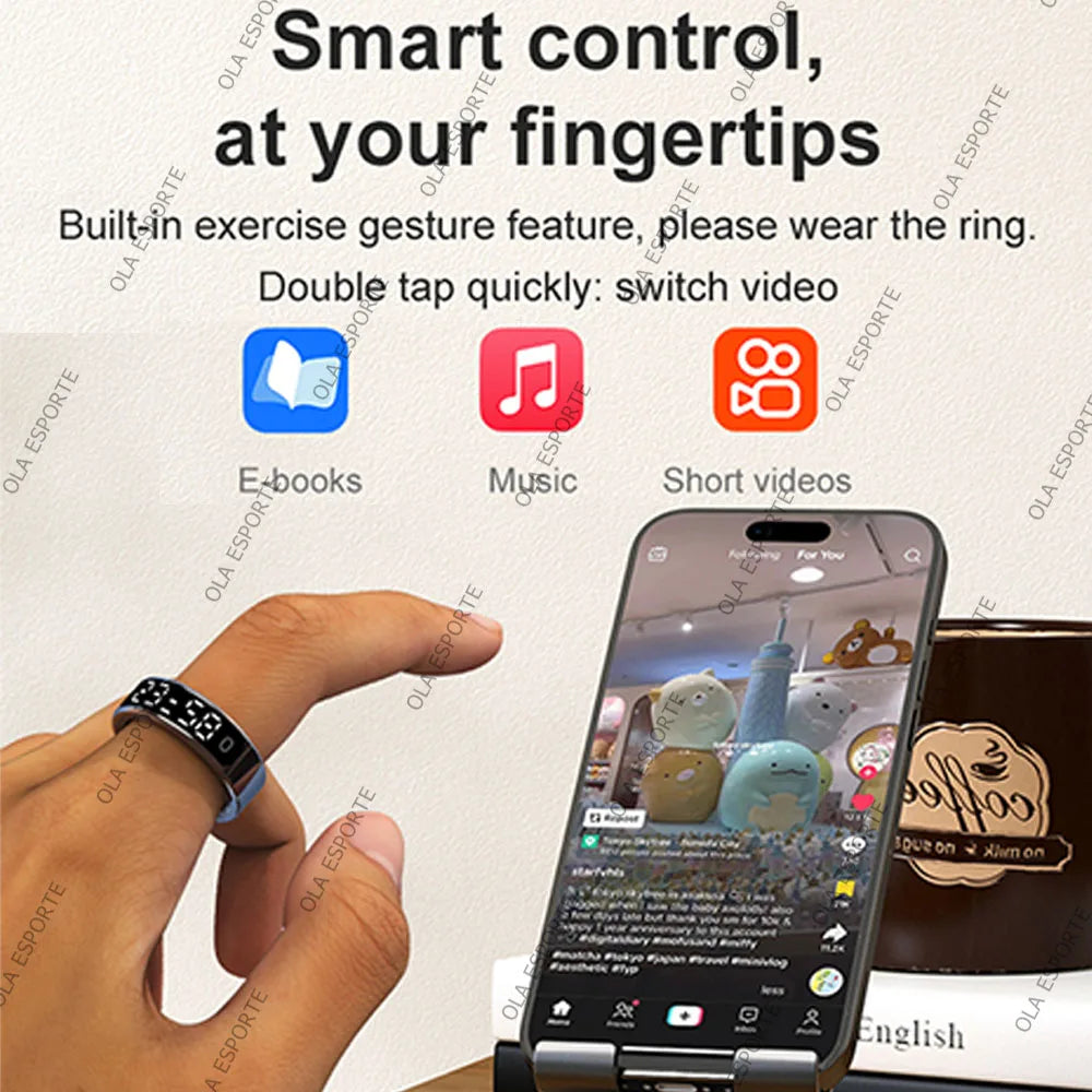 Smart ring control feature on a phone with app icons displayed.