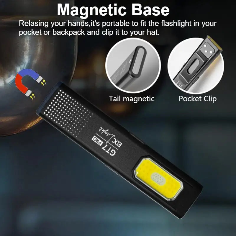 Portable flashlight with magnetic base feature on a dark background