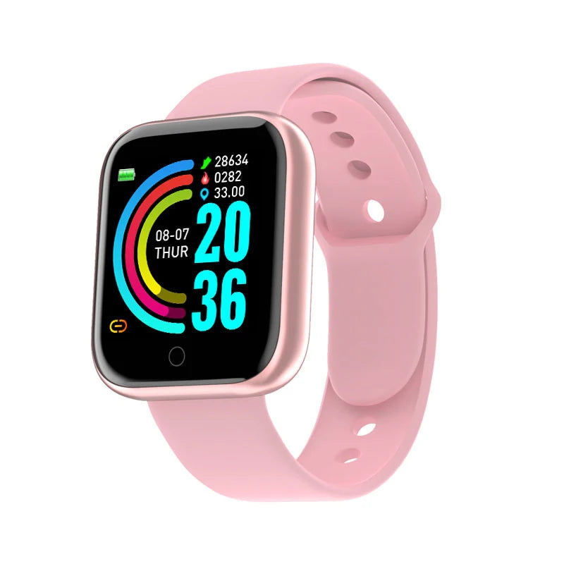 Pink smartwatch with a colorful display on a white background