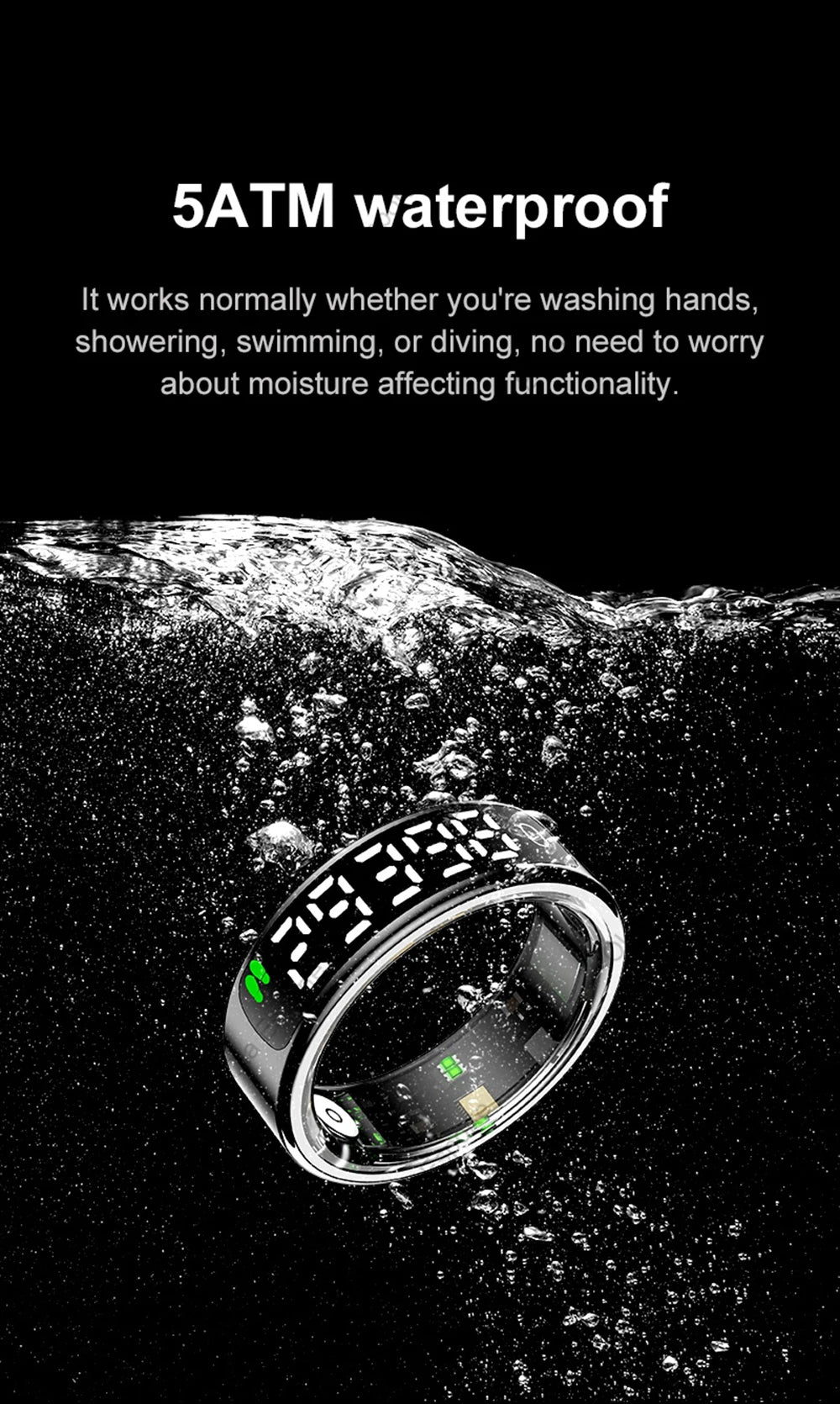 Smart ring submerged underwater with text about 5ATM waterproofing.