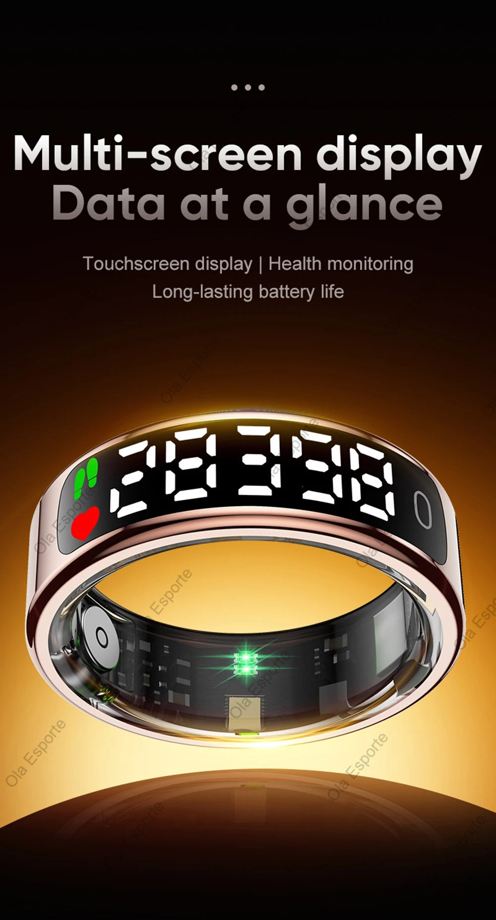 Digital smart ring with a touchscreen display on a dark background