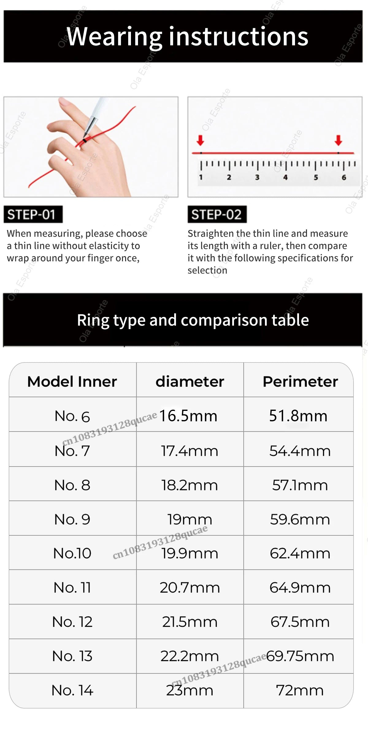 Wearing instructions and ring size chart for men's rings with measurements.