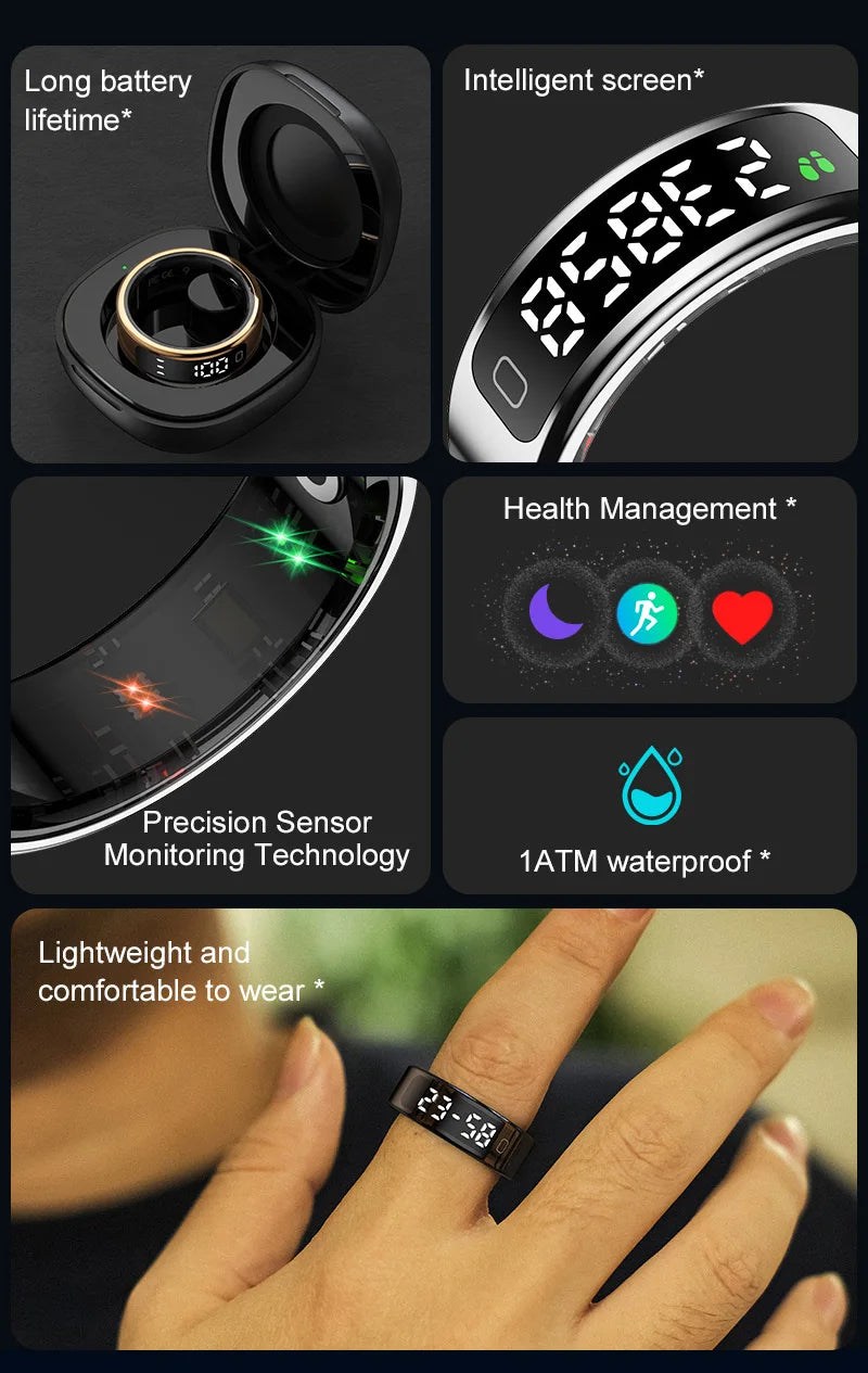 Smart ring with health management features and sensor monitoring technology on a dark background.