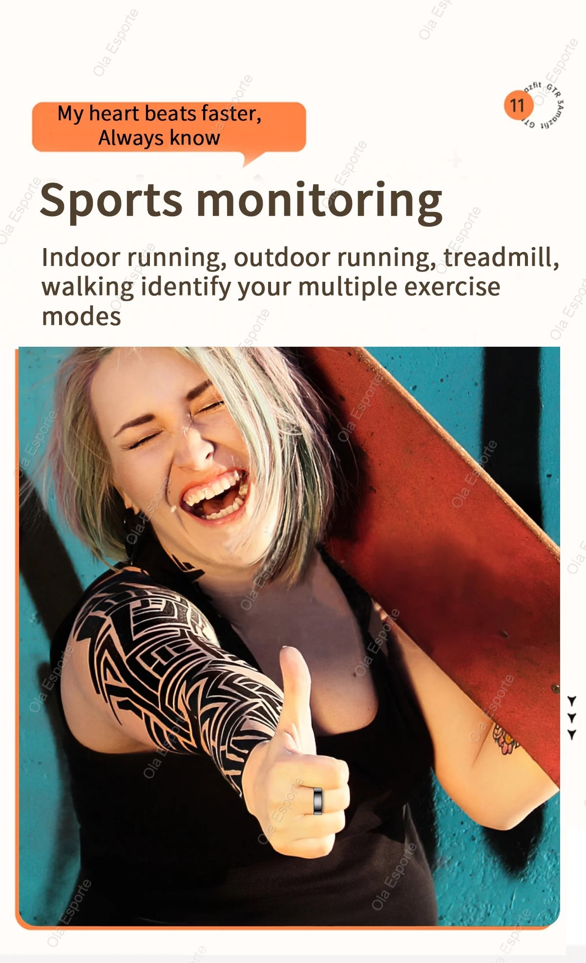 Advertisement for sports monitoring technology with a person giving a thumbs up on a blue background.