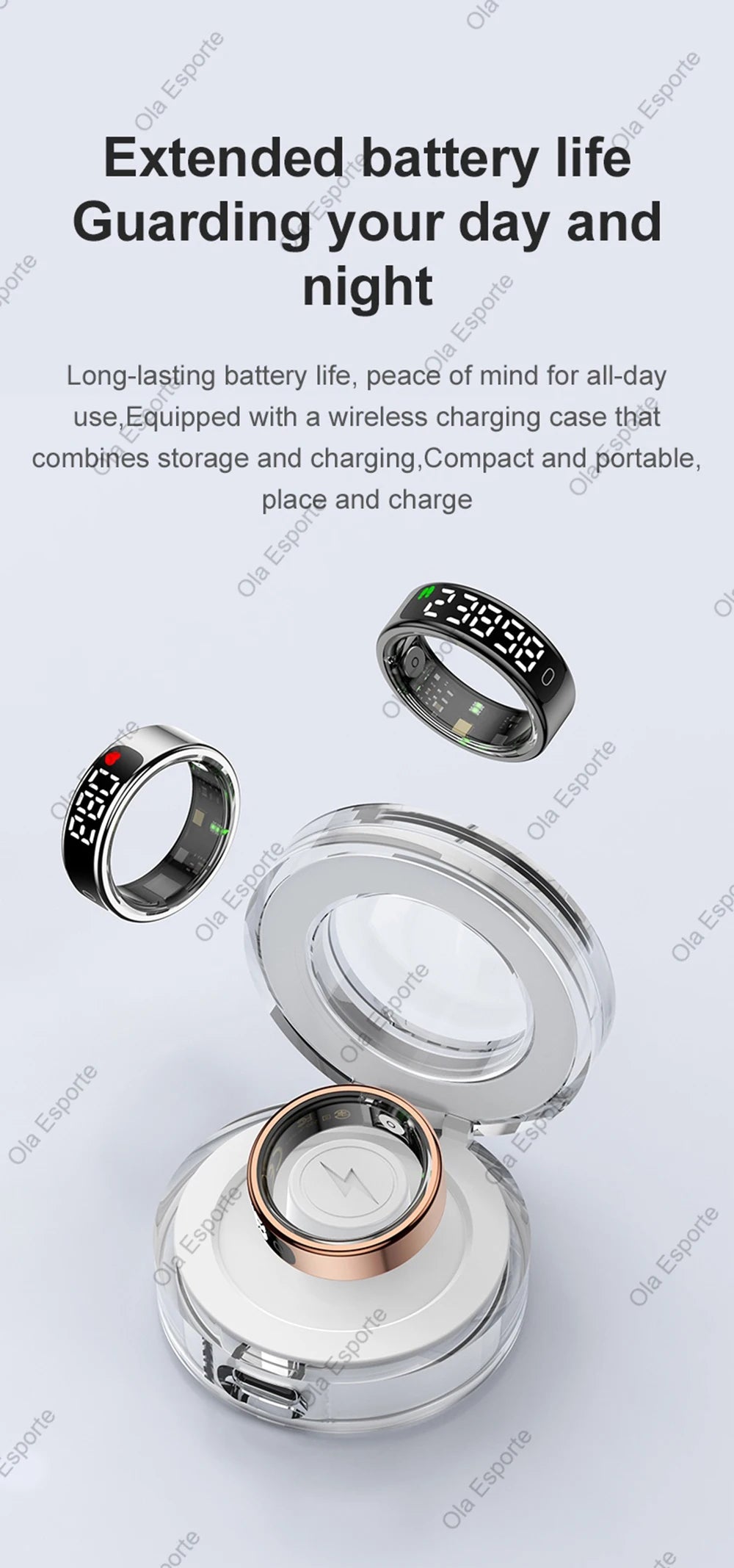Smart ring with digital display and charging case on a light gray background
