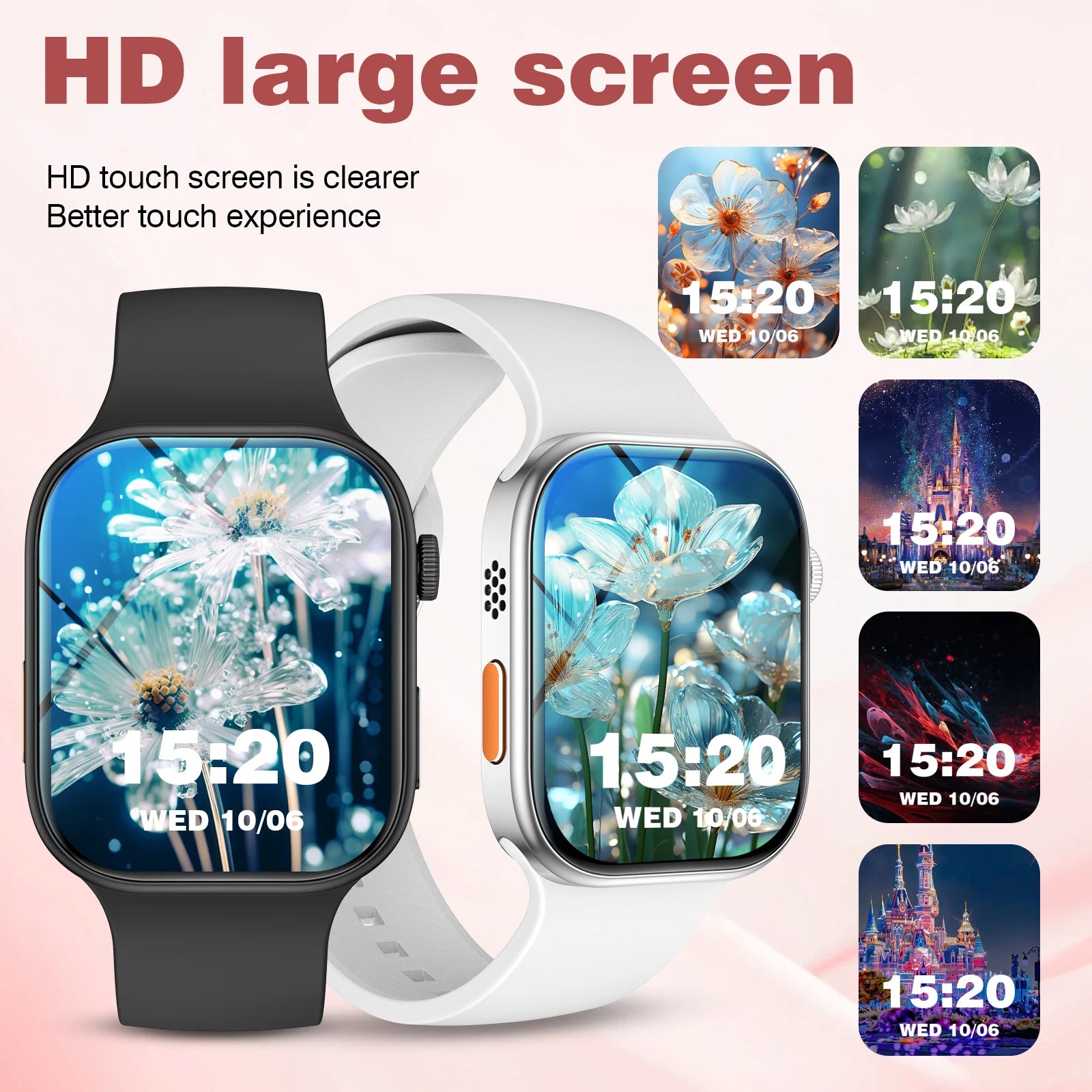 Two smartwatches with large HD screens displaying colorful interfaces on a light pink background.