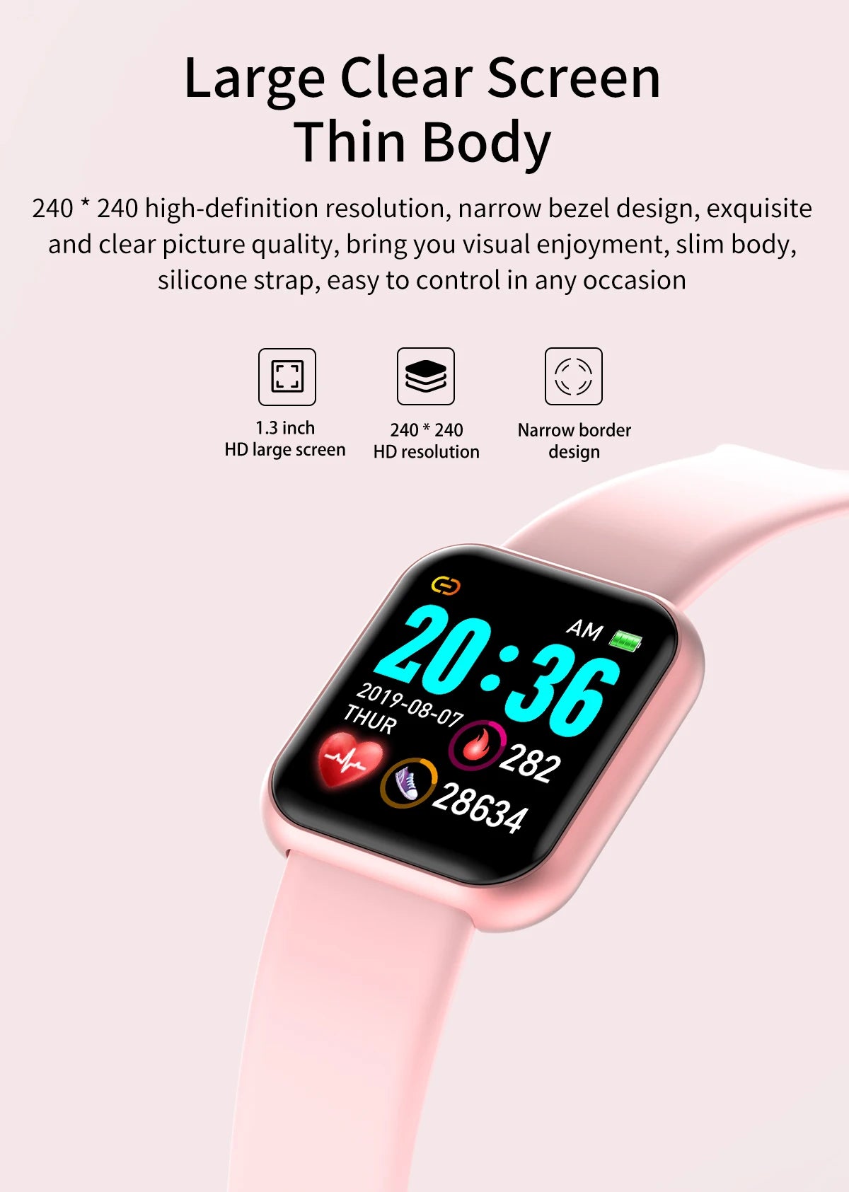 Smartwatch with a large clear screen and thin body on a white background