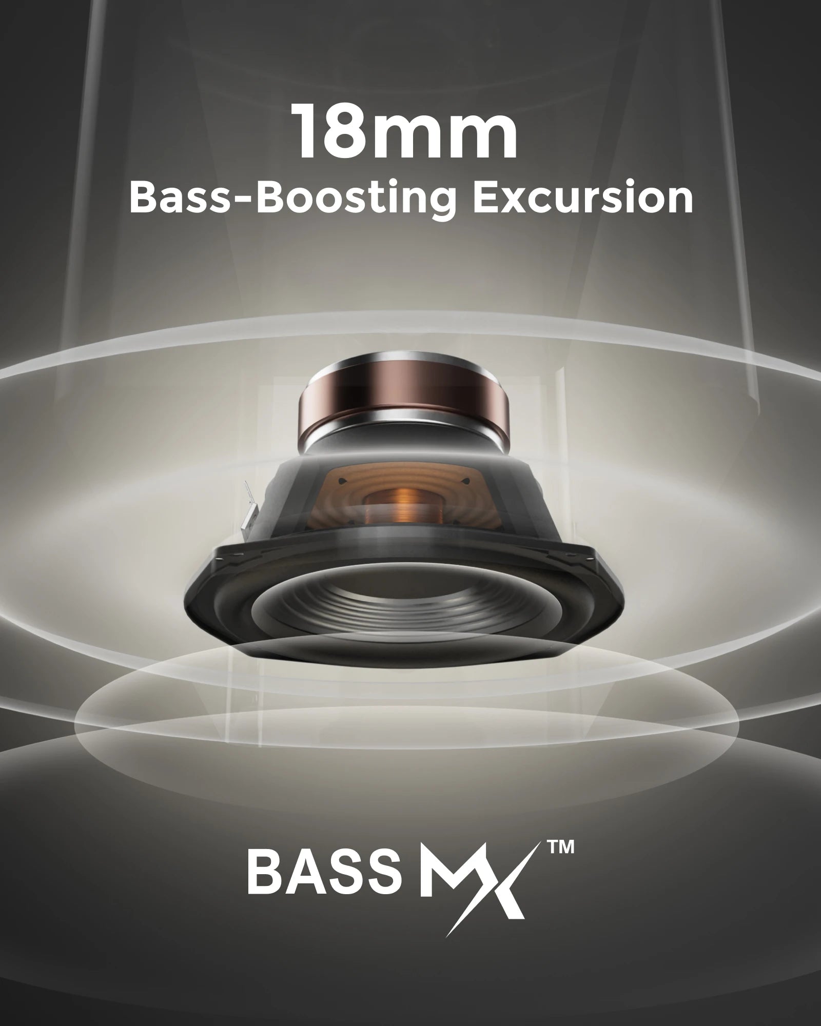 Bass MX speaker component with '18mm Bassverstärkender Hub' text on a dark background